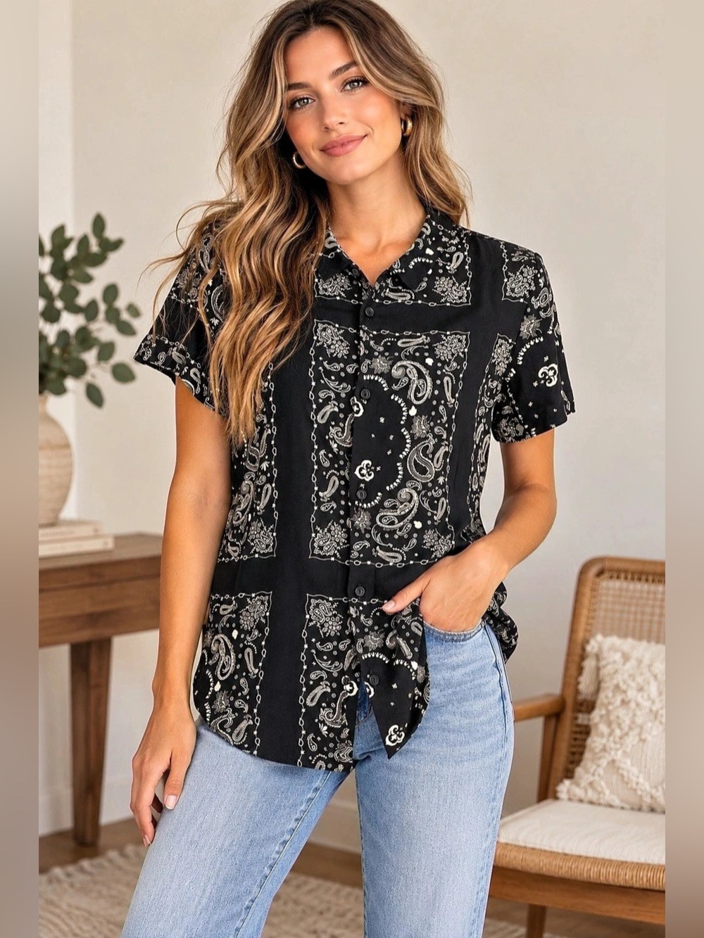 Paisley Button Down Shirt in Black & White